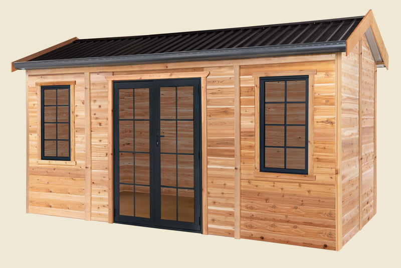 Wooden shed with a black door and windows on a white background